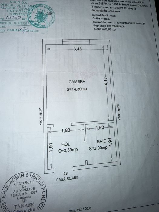 Garsonieră complet utilată, etaj 1, zona CET – pers fizica