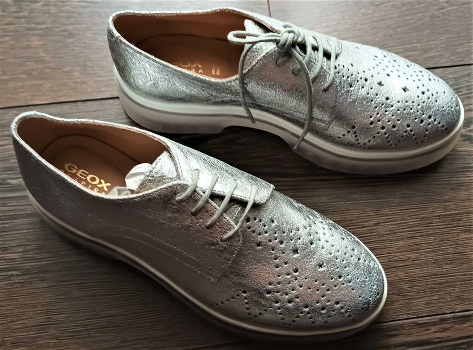 Pantofi sport dama, GEOX Oxford D Myluse, Piele naturala, Argintiu