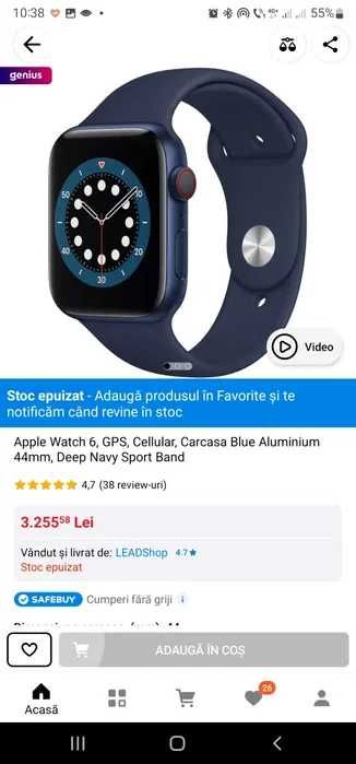 APPLE Watch Series 6 GPS + Cellular, 44mm Blue Aluminium Case, CA NOU!