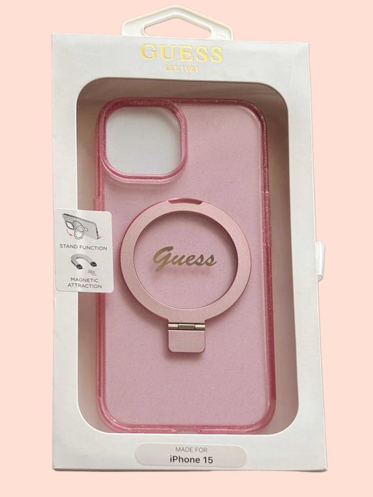 Husă iPhone 15 Originală GUESS Roz Glitter – Nouă, Premium, Sigilat