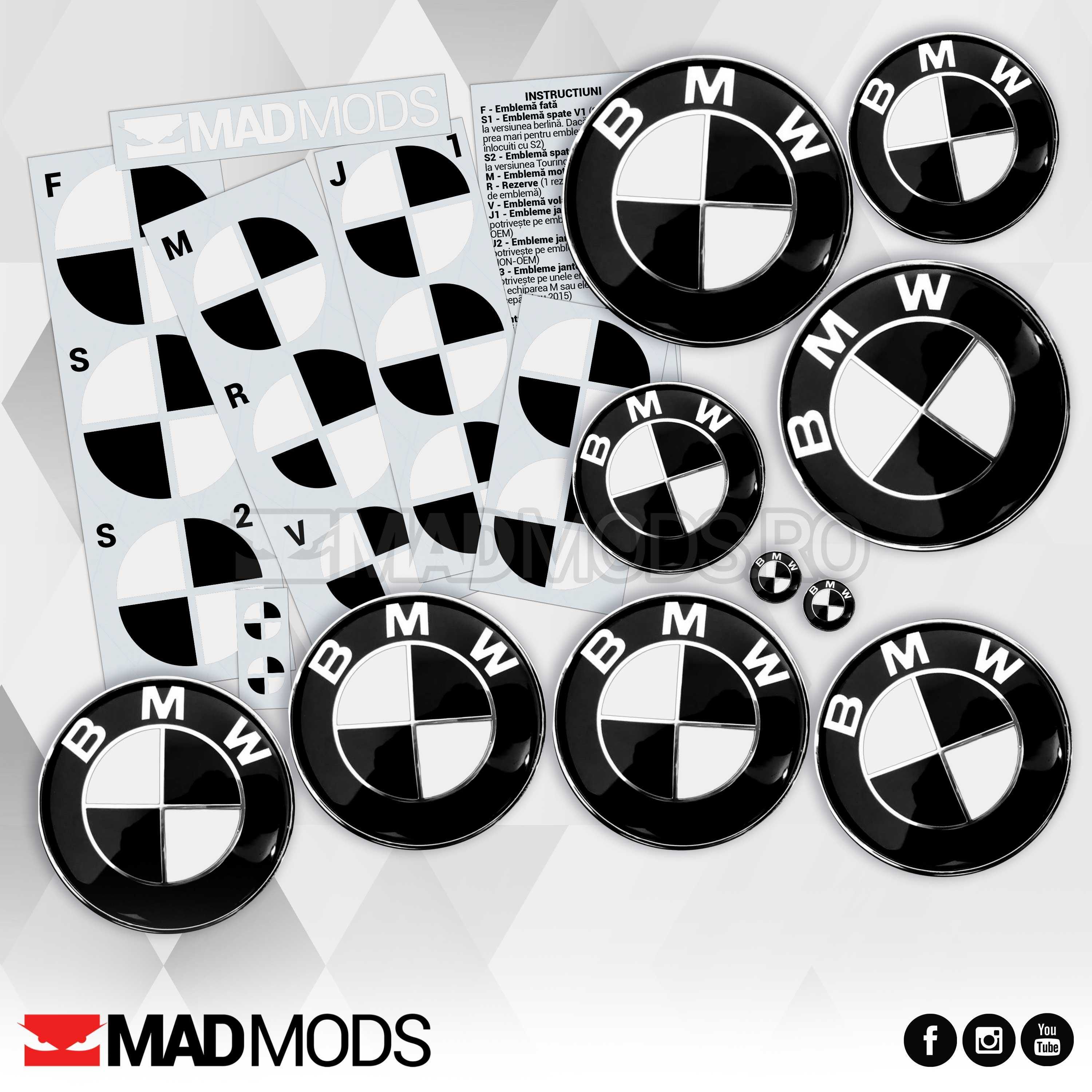 Set Stickere Embleme Negru cu Alb BMW Seria 1 2 3 4 5 6 7 8 X i M