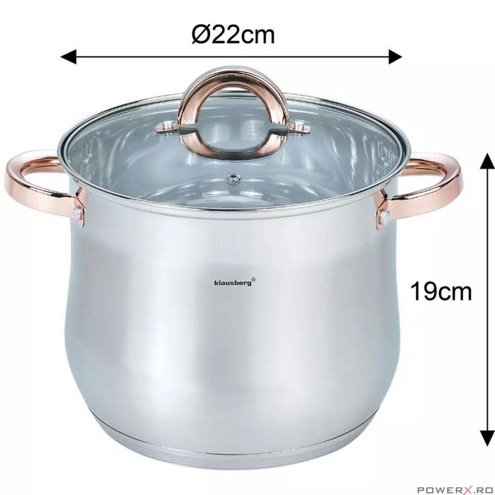 Oala din inox cu capac din sticla, diametru 22 cm, capacitate 7 litri,