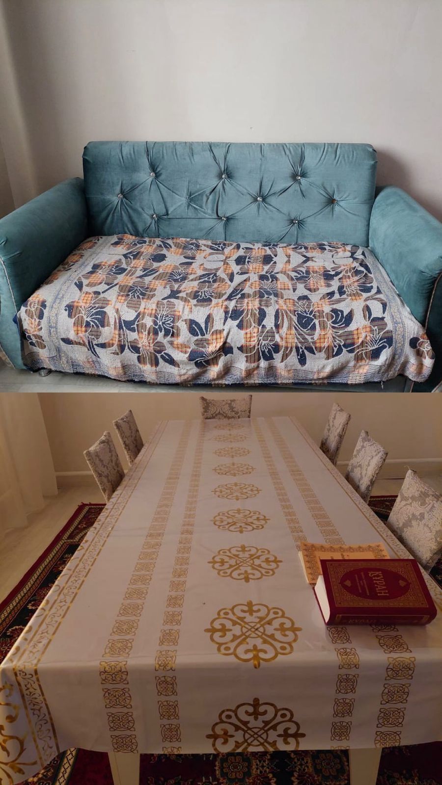 Диван и стол, стулья.