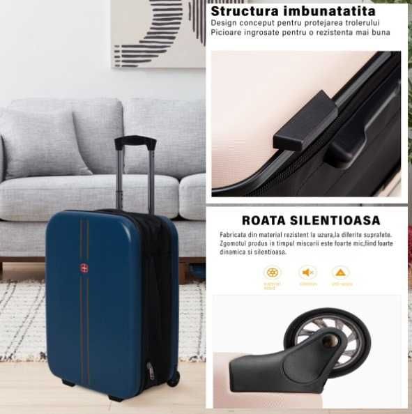 Troler pliabil mare carcasa dura 2 roti 1 lacat maner telescopic BLUE