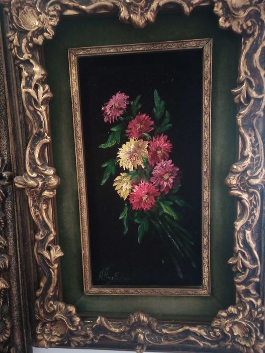 Красива маслена картина на гръцки автор, представящи букет от цветя