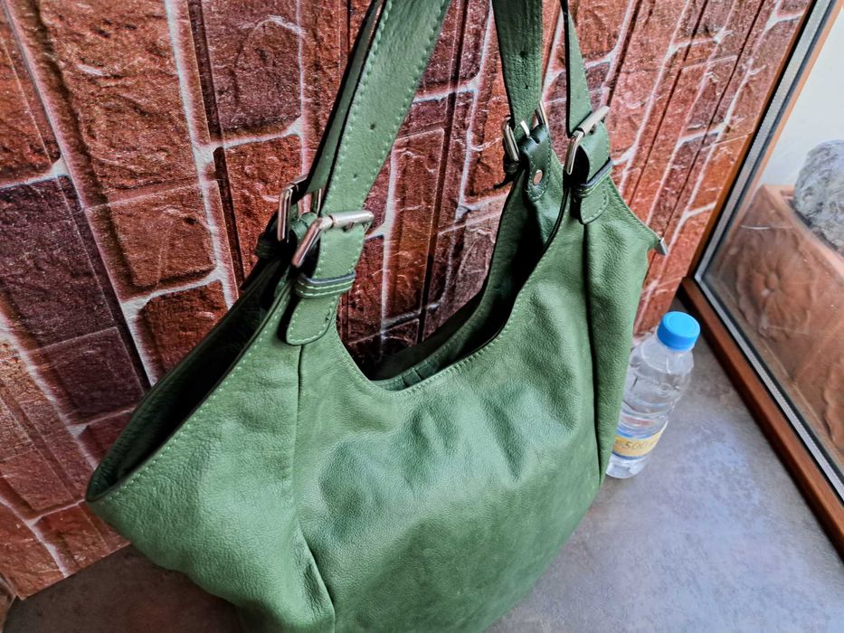 дамска чанта, голяма зелена торба-естествена кожа