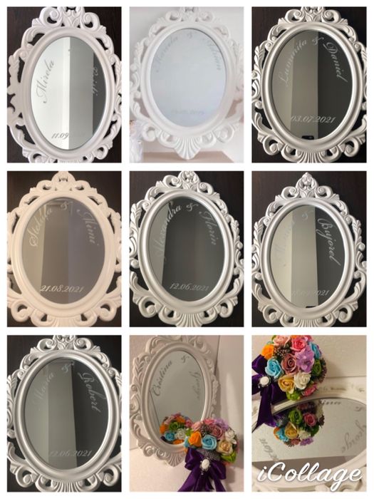 Oglinda mireasa personalizata gravata cu numele mirilor si data nunti