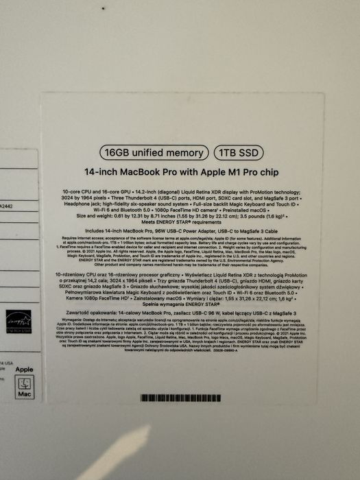 MacBook Pro (A2442) 2021 M1 Pro 16gb 1Tb Baterie 100%