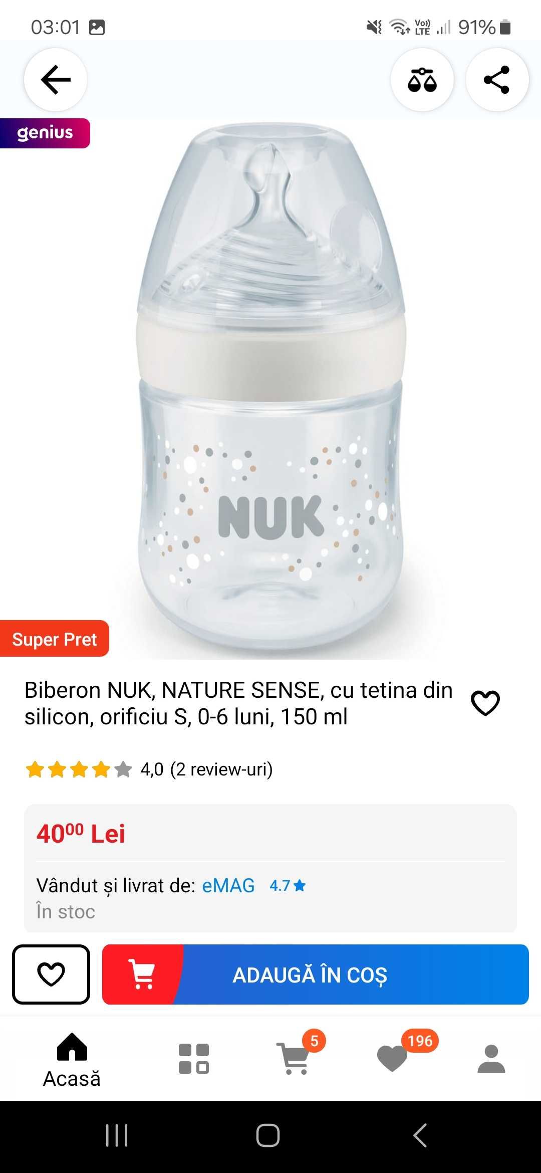 Vând set biberon si suzeta Nuk, de la 0 luni