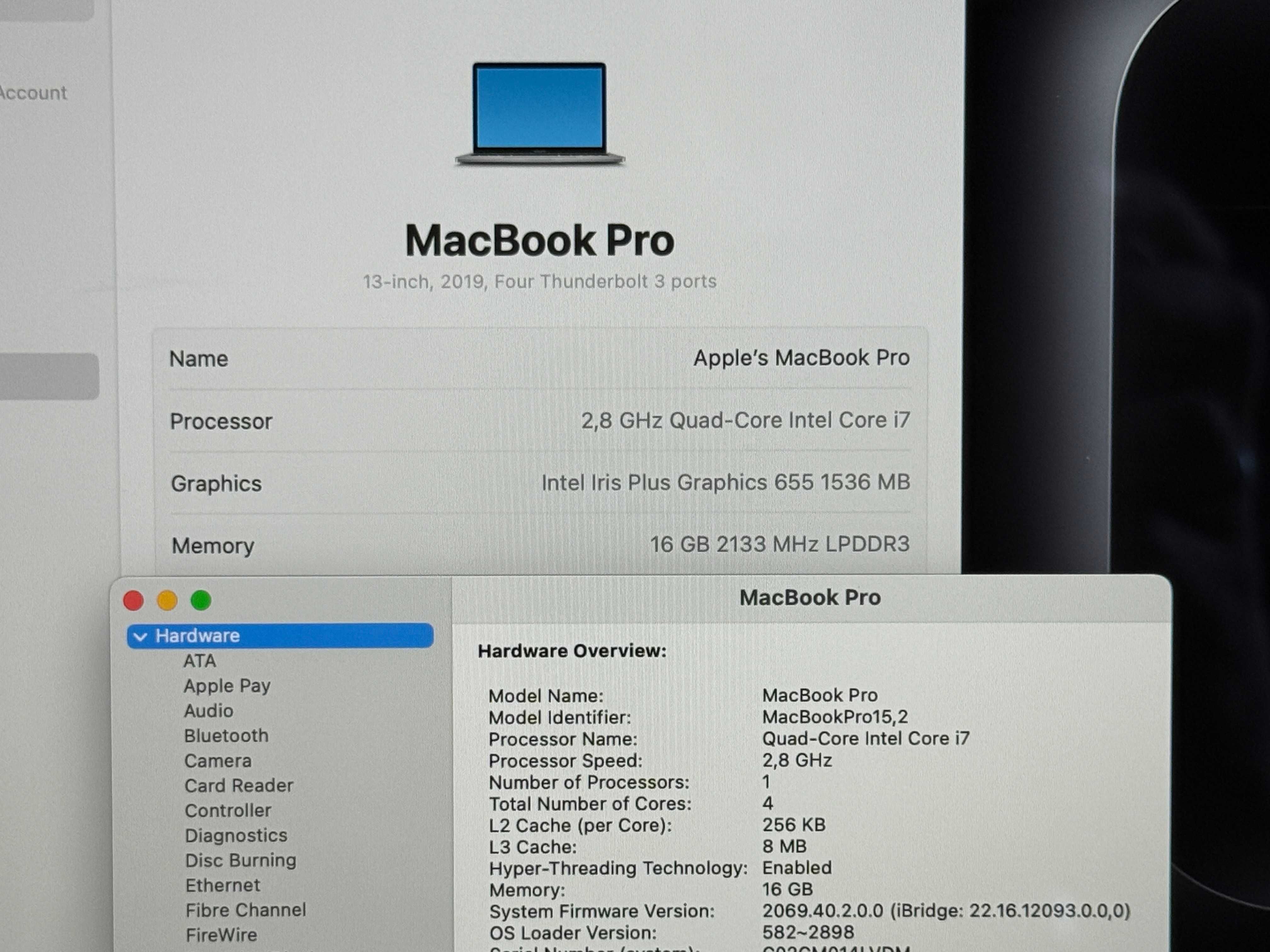 MacBook Pro 13 2019 4TB3`Core i7-8569U/16GB RAM/512GB SSD/Бат 7ч