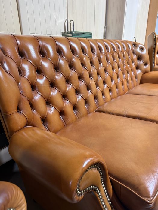 Set Chesterfield canapea 3 locuri + 2 fotolii piele naturală