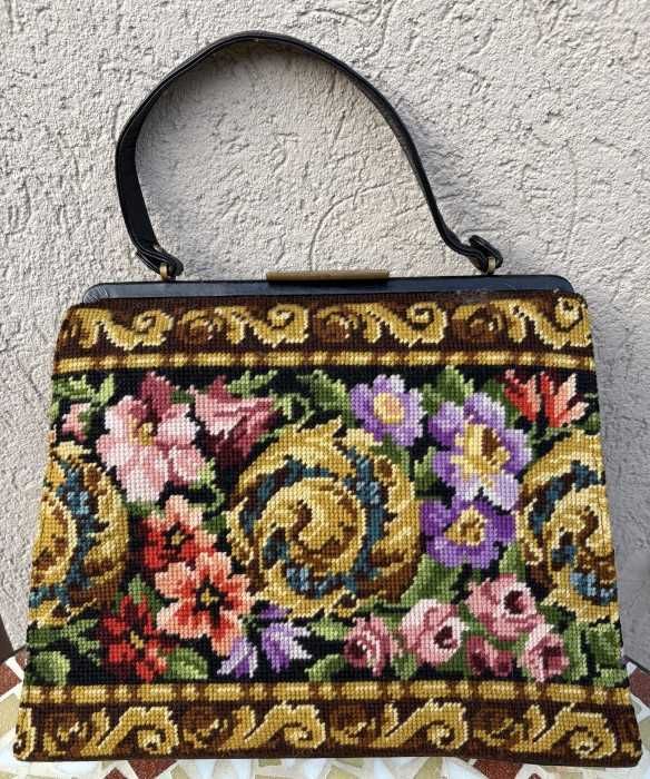 Superba geanta cu maner-forma trapezoidala-goblen-Franta