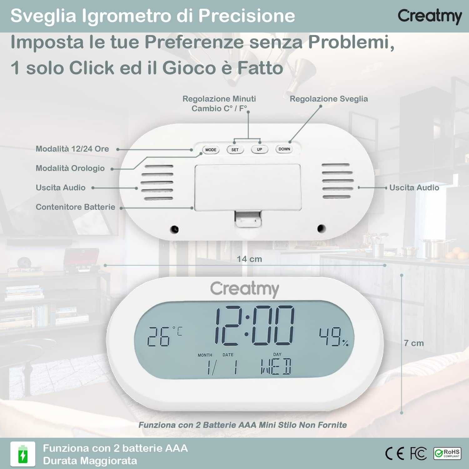 Дигитален часовник - будилник с  термометър и хигрометър CREATMY