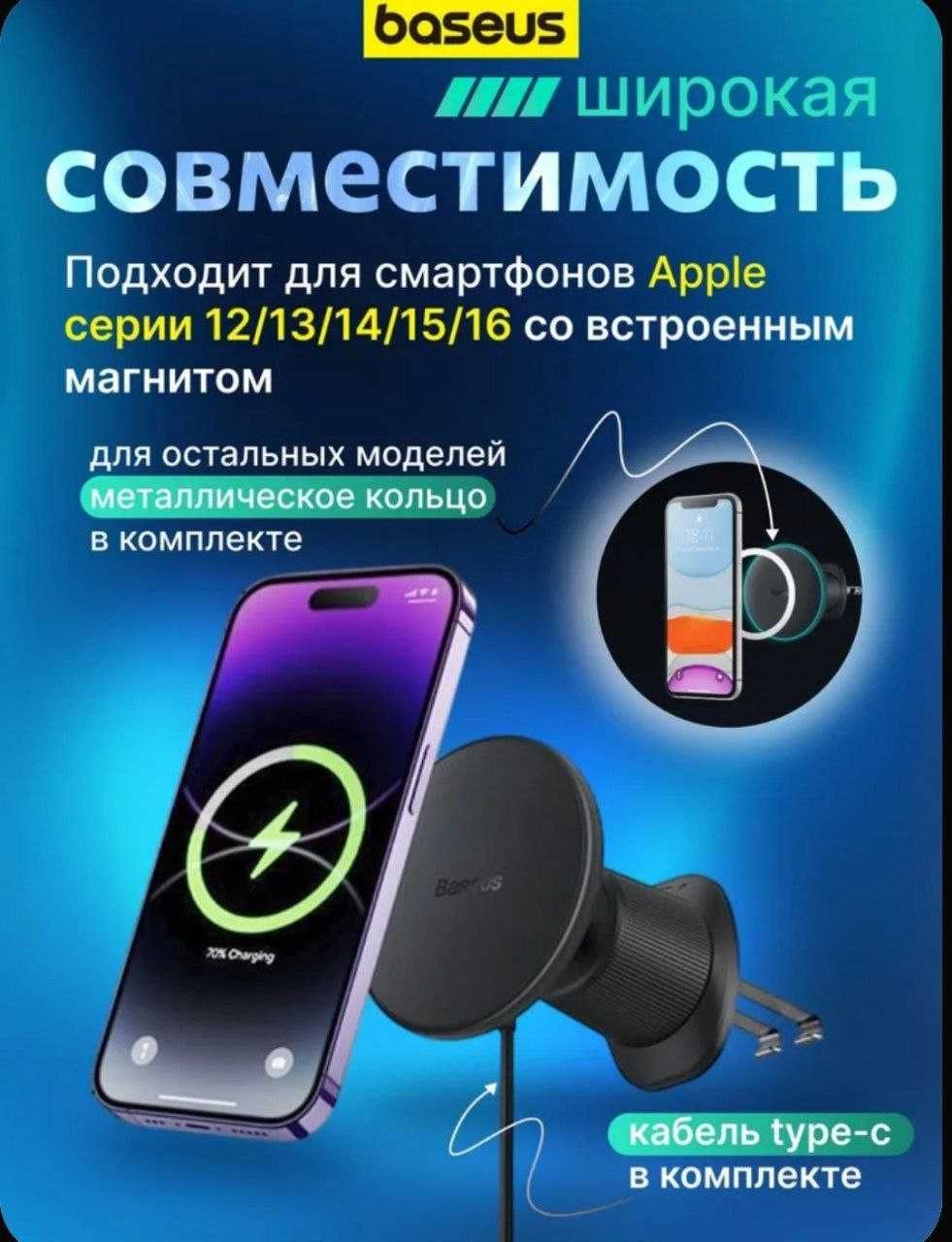 Baseus Магнитный Авто Держатель для телефона с беспроводной зарядкой