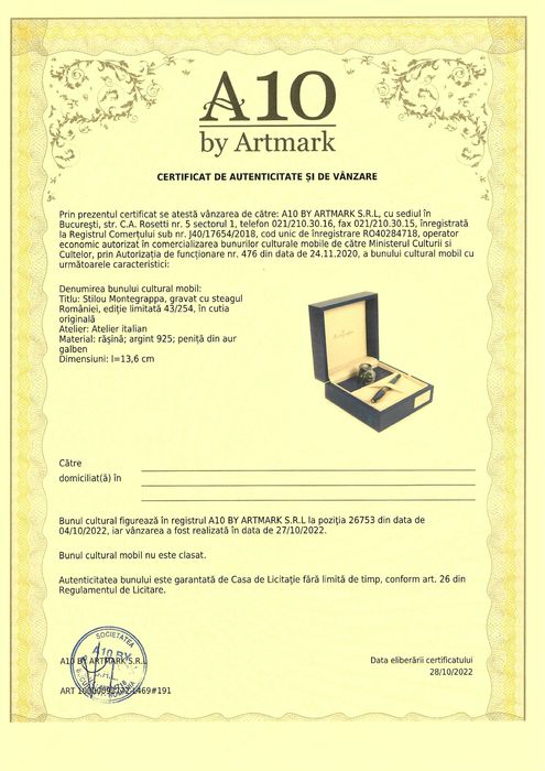 Stilou Montegrappa, gravat cu steagul Romaniei, cutie originala