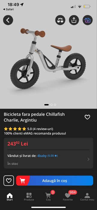 Bicicleta fara pedale Chillafish Charlie, Аrgintiu