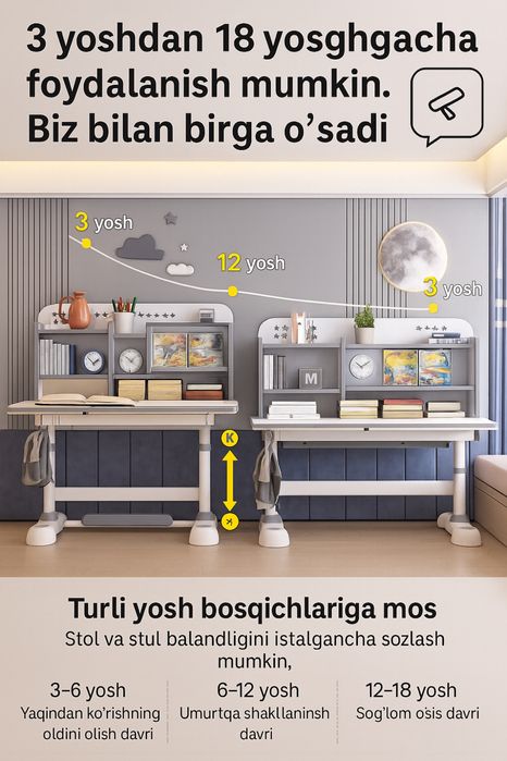 Парта + Стул эргономик Трансформер (3-18 ёшгача)