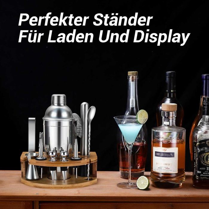 REDUS de la 200RON, Set Barman Inox bauturi, 12 piese + baza Bambus