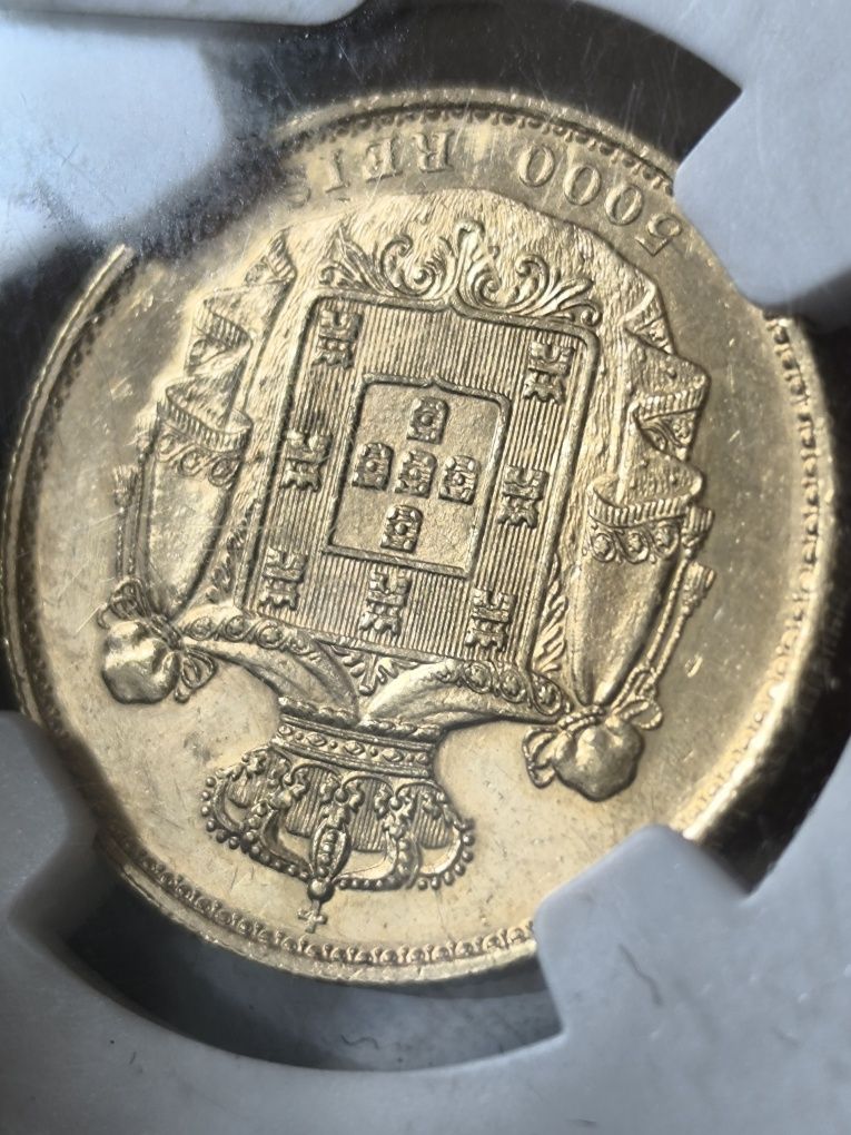 5 000 рейс1887 год, Португалия,Луиш I, злато 8.87 гр,917/1000 MS 62