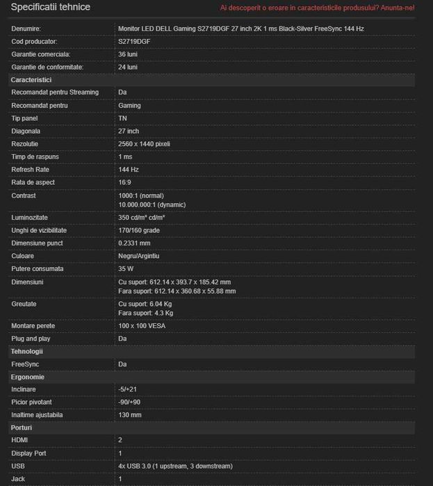 Monitor LED DELL Gaming S2719DGF 27 inch 2K 1 ms FreeSync 144 Hz