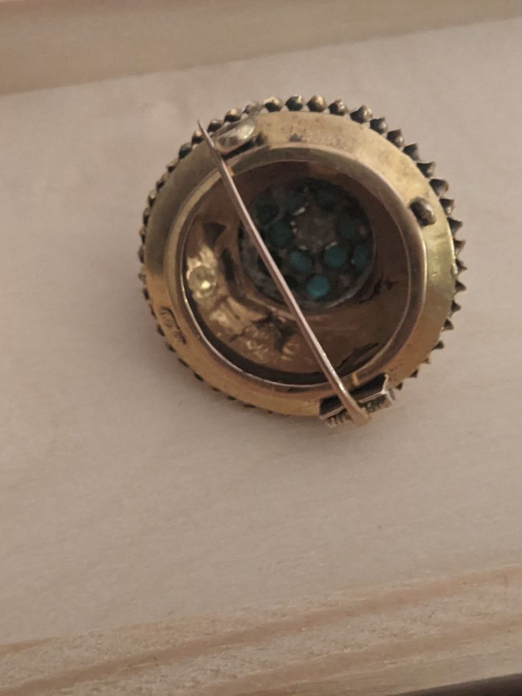 Broșă etrusca din aur 14K cu turcoaze și diamante 5.9 gr