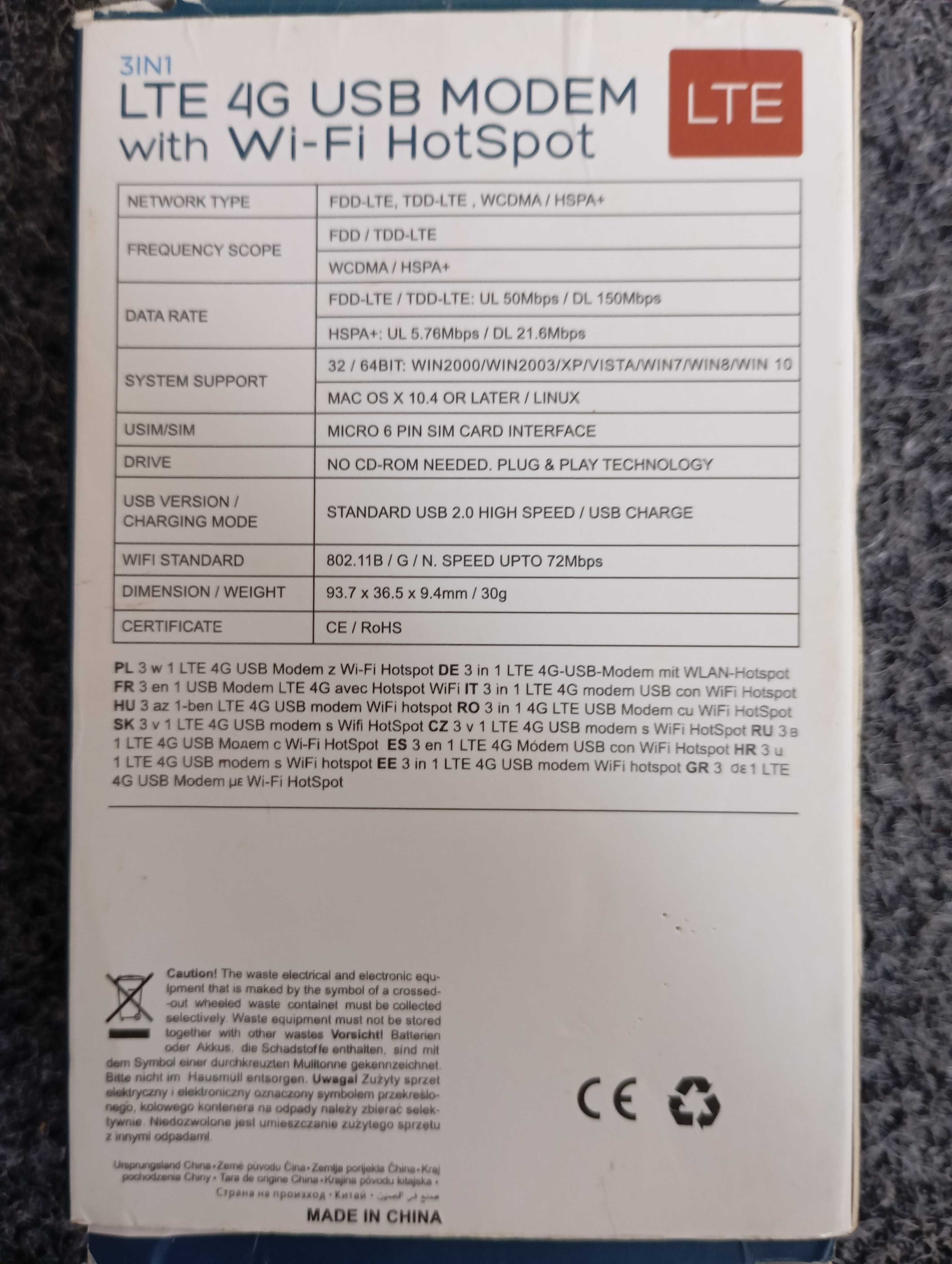 LTE 4G USB MODEM with Wi-Fi HotSpot