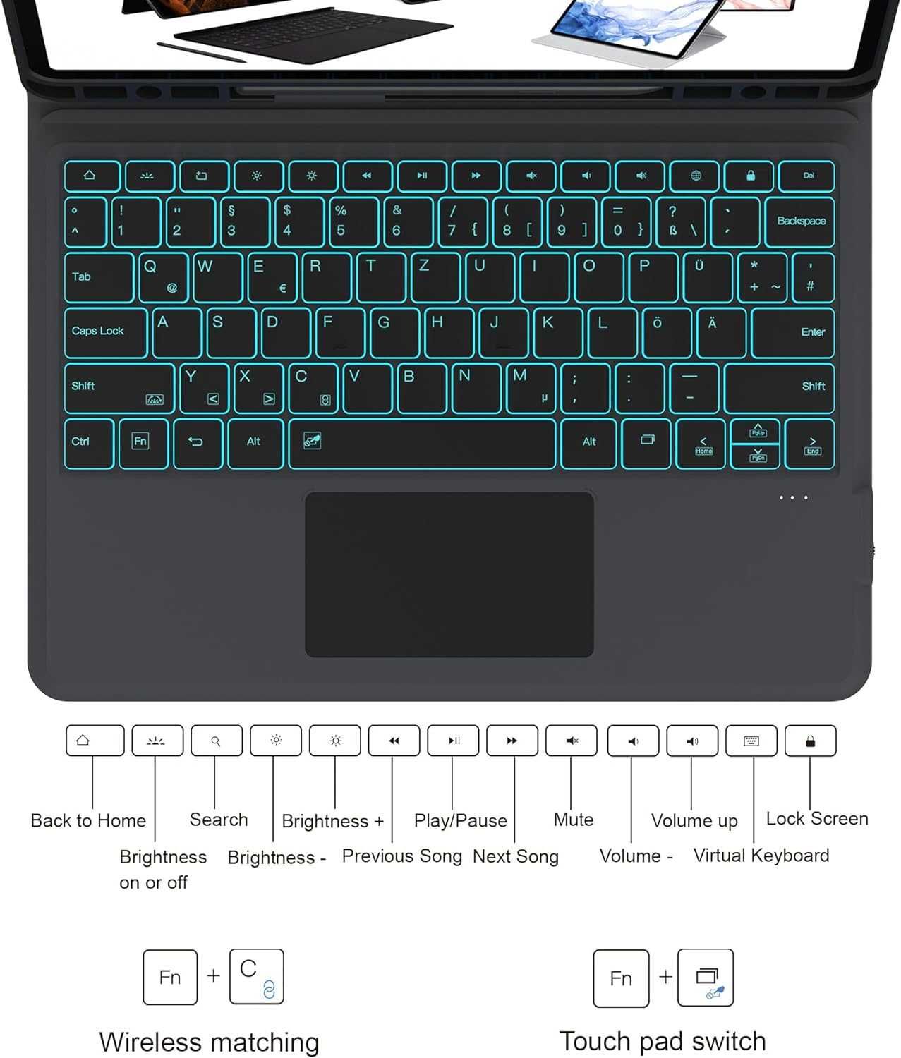 Husă ROOFEI Galaxy Tab S7 FE/S8+/S7+ cu tastatură QWERTZ 12,4 inchi