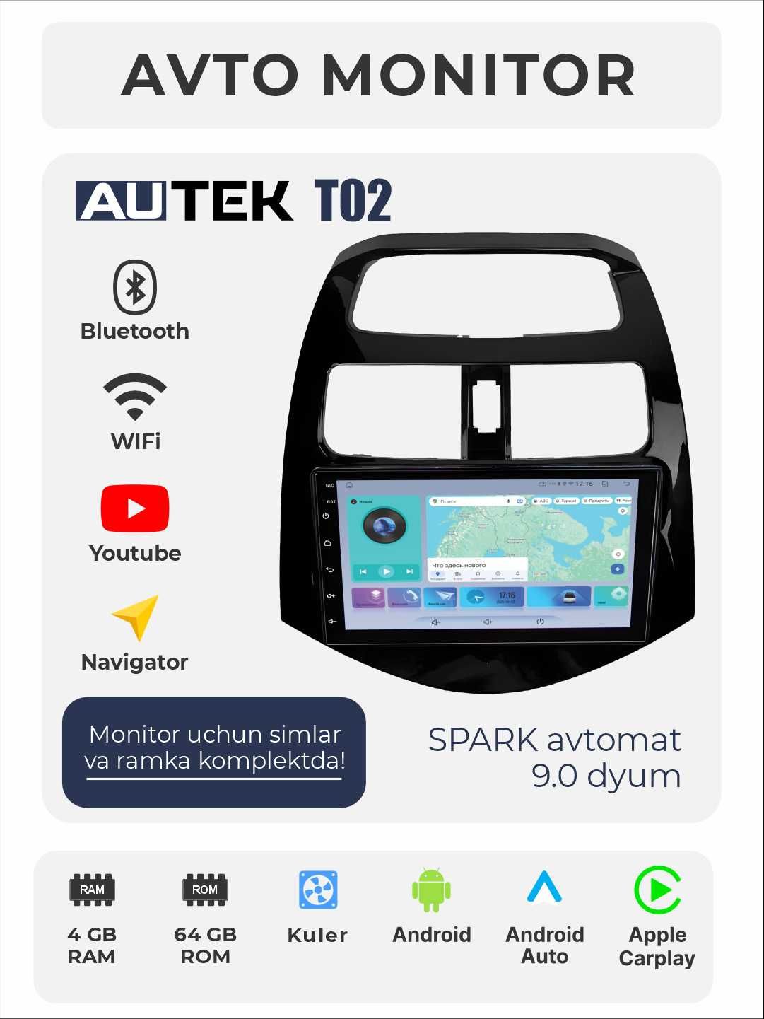 Avto monitor Tesla, AUTEK T 02, 9/10.2" QLED, 4+64 GB Wi-Fi kulerli.