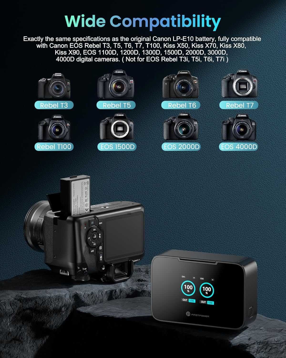 FirstPower 2 броя LP-E10 батерии 20W бързо двойно зарядно за Canon EOS
