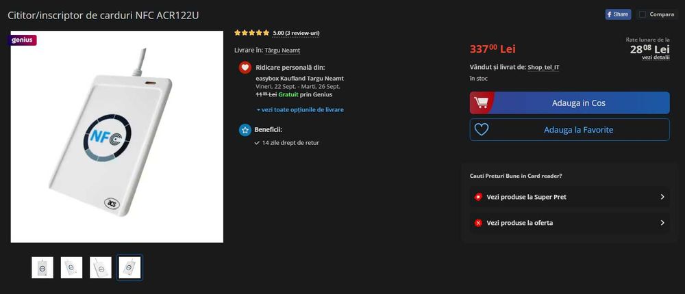 Cititor, copiator, inscriptor USB de carduri NFC/RFID ACR122U 424Kbps