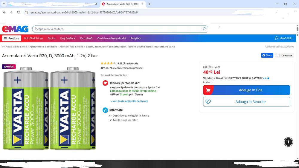 Acumulatori noi VARTA R 20, D, 3000 mAh, 1,.2 V - 4 buc