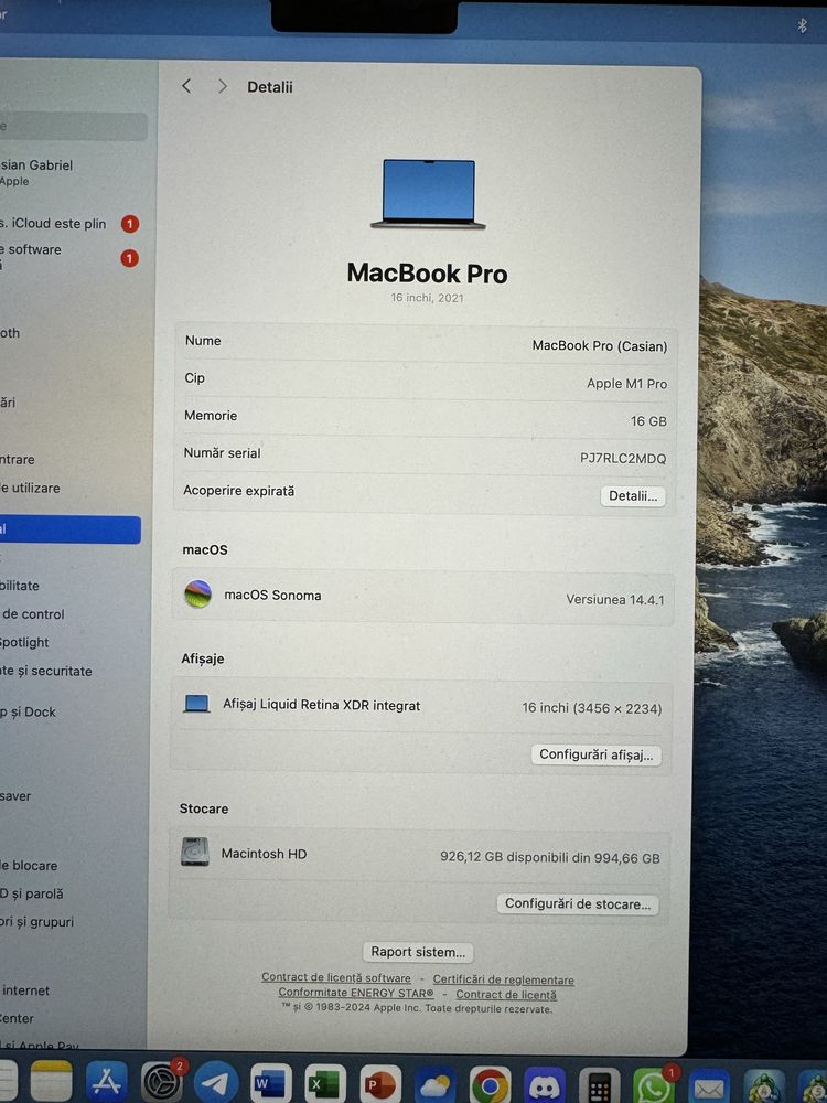 Macbook Pro cu M1 pro 16 gb RAM 512gb stocare