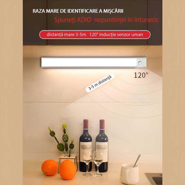 Lampa led sensor miscare, reglabila, 3 tipuri lumina, acumulator, 30cm