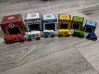 Set 6 mașinute din lemn Montessori cu garaj învățare culori numere