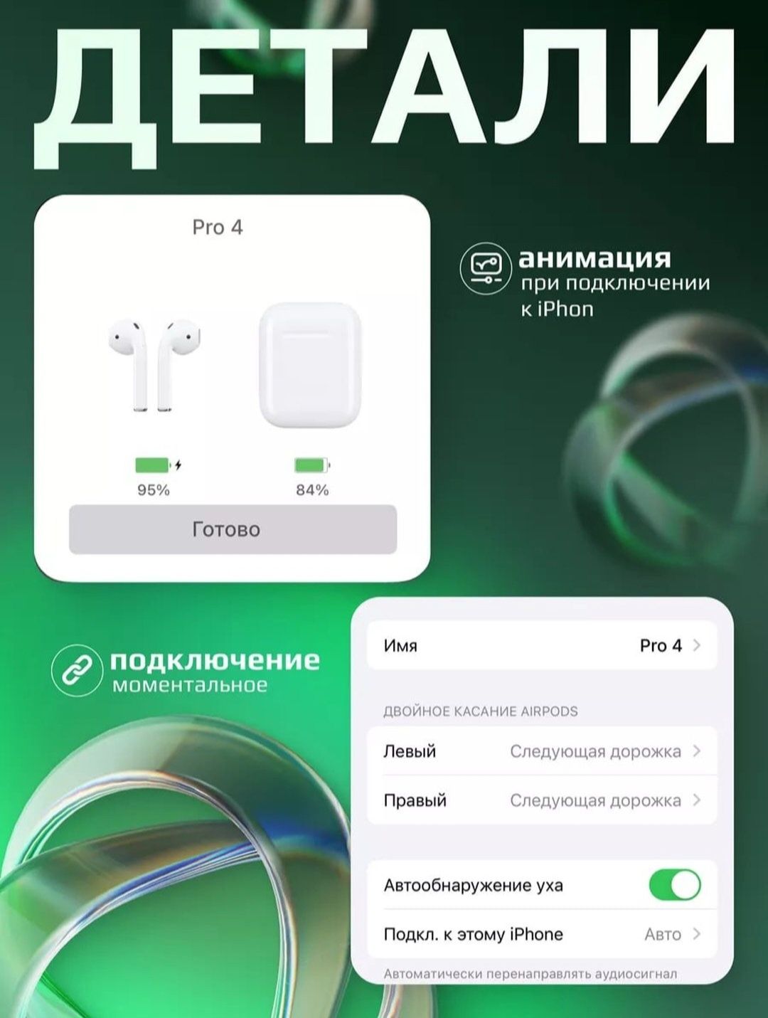 Наушники Pods Pro 4 - Bluetooth, сенсорные, с микрофоном, белые, для A