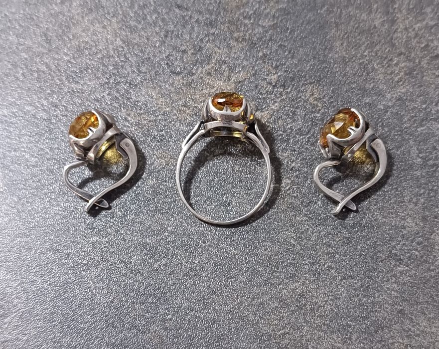 Серебряный  женский комплект с цетрином 925 проба Европа 80е годы