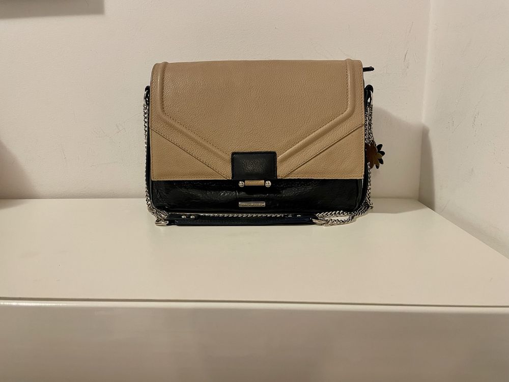 Geanta din piele Yvy Bags, 29x19x7 cm, bleumarin-bej