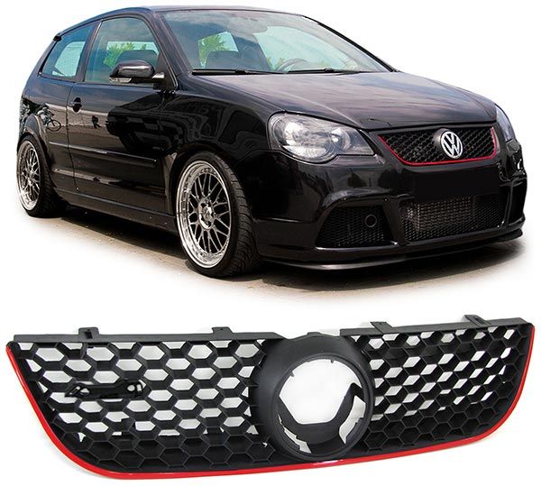 Grila fagure VW Polo 9N3 (cu locas emblema) - negru/rosu GTI design