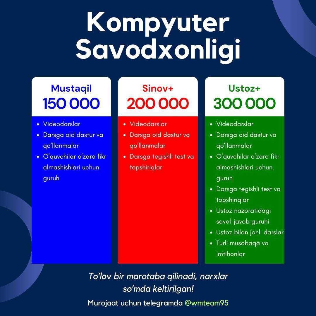 150 ming so'mga Kompyuter Savodxonligi bo'yicha to'liq videokurs!