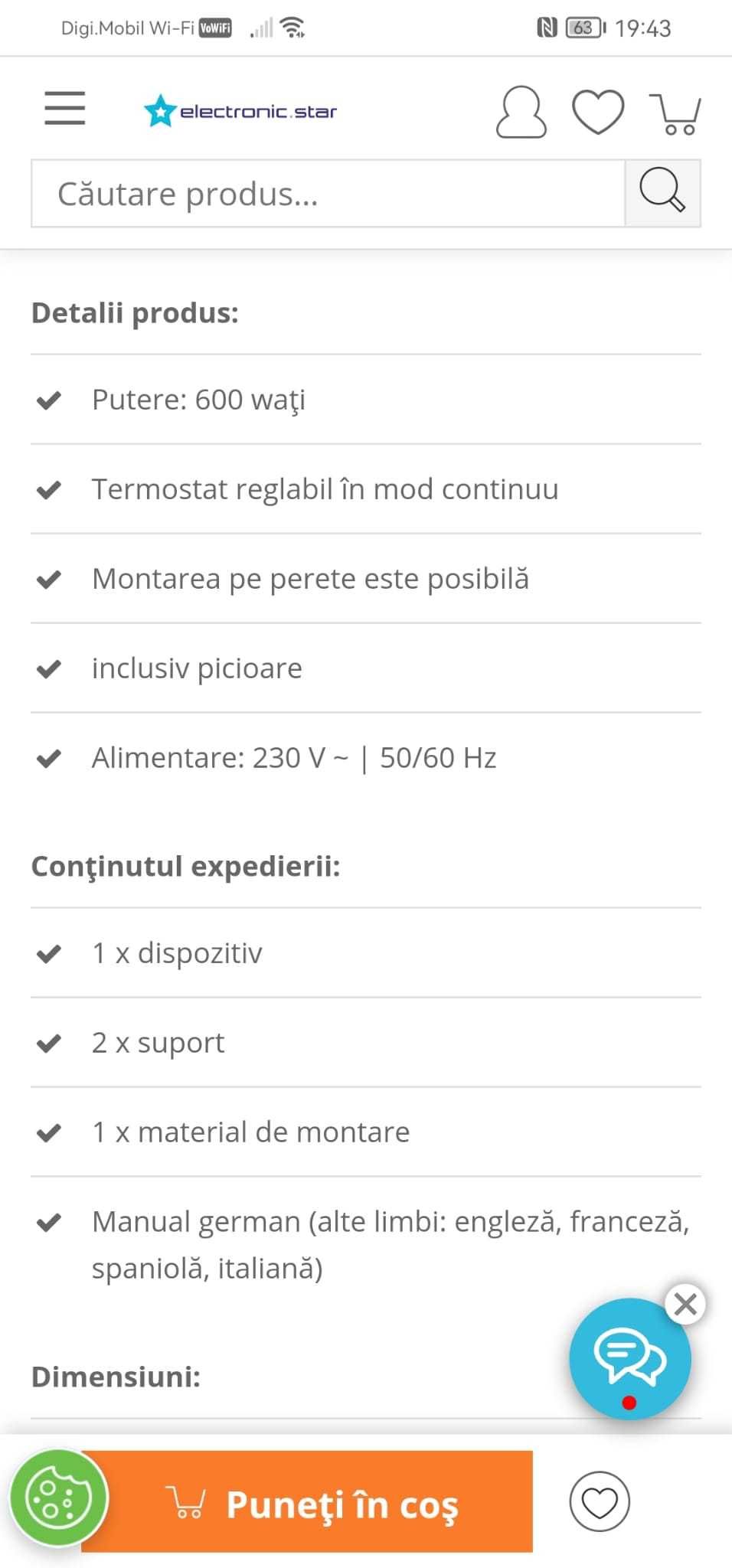 Calorifer 600W electric pe ulei cu termostat