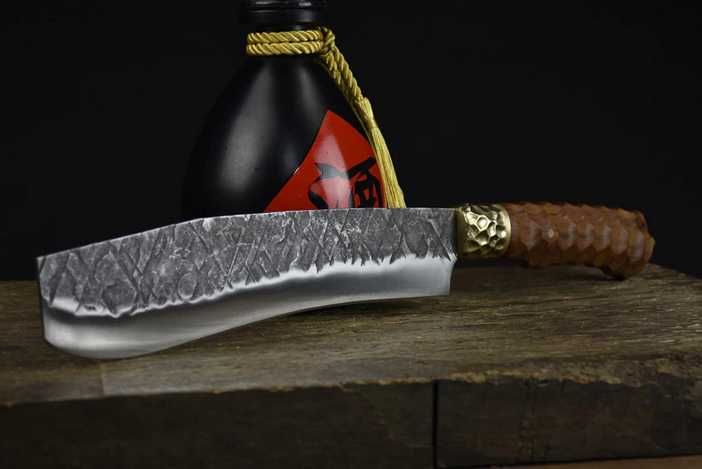 Cutit/Midi maceta tip Gurkha Blade/Kukri, maner lemn incrustat