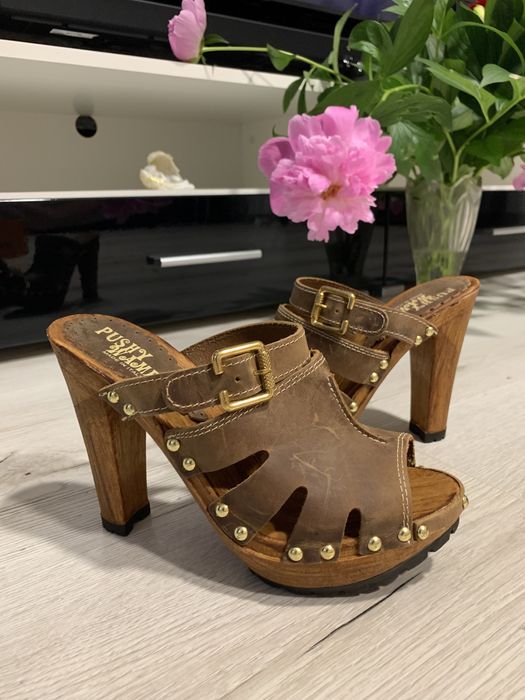 Papuci cu toc din piele naturală