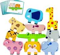 Joc Montessori de Stivuire Animale din Lemn, 10 Piese, 10 Cartonase