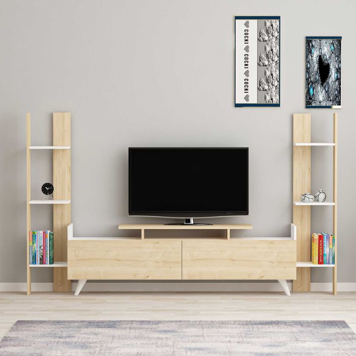 Living, suport TV, 2 dulapuri, 7 rafturi