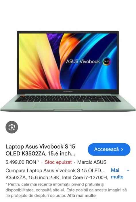 Fane Amanet: Laptop ASUS Vivobook S 15 OLED K3502Z i7-12700H