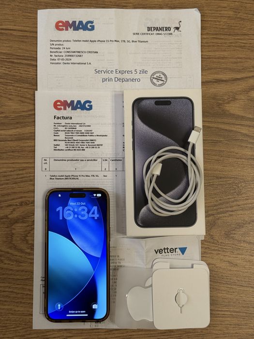 Iphone 15 Pro Max 1TB Blue Titanium 5G Impecabil Garantie Express eMag