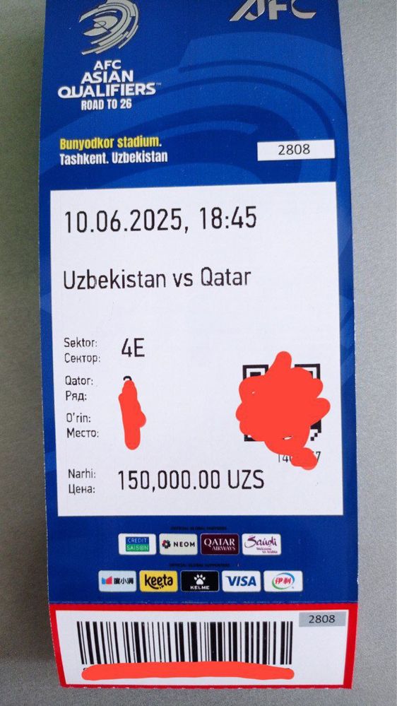 O’zbekiston vs Qatar o’yiniga biletlar bor
