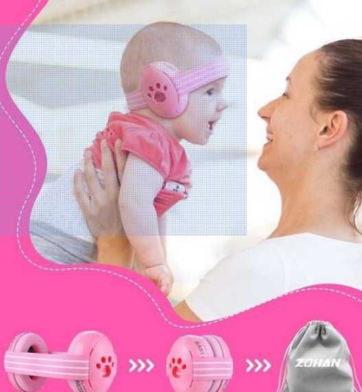 Casca antifonica roz pentru bebelusi si copii impotriva zgomotelor