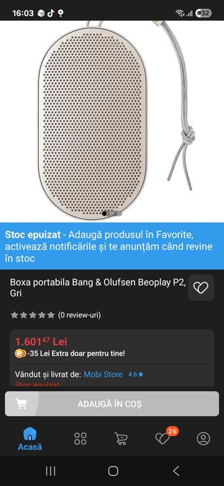 Boxa portabila Bang & Olufsen Beoplay P2, Gri