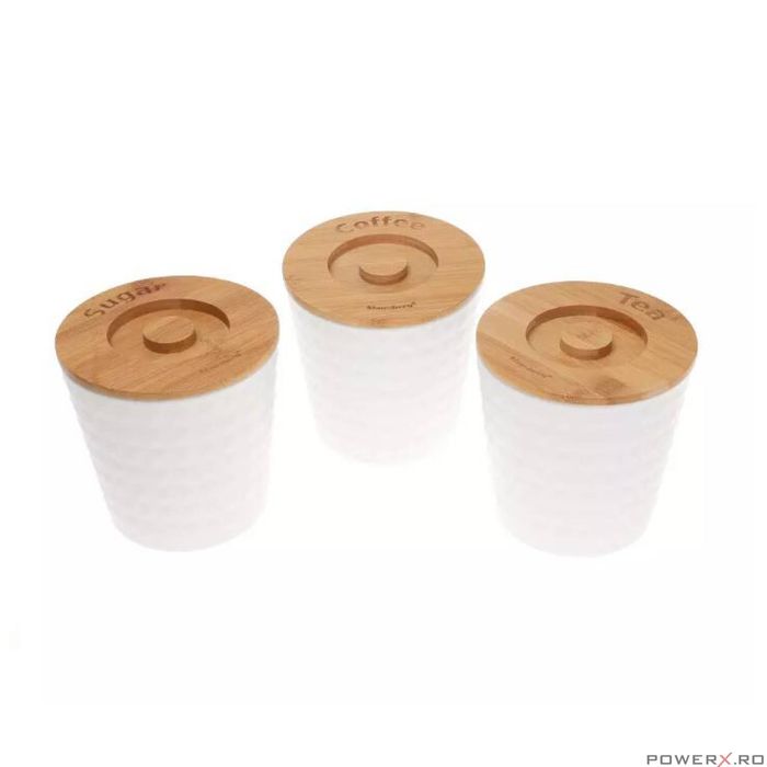 Recipiente pentru cafea, ceai, zahar, din inox-bambus, albe reliefate,